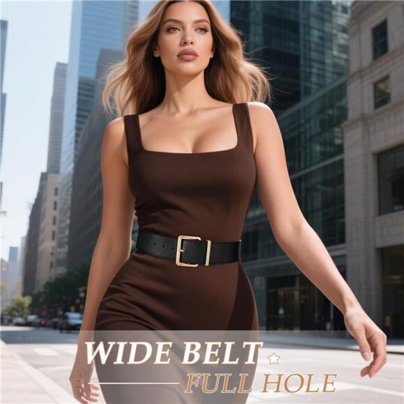 Women Wide Brown Belt for Dresses Fahion Thick Suede Belt with Big Gold - Picture 2 of 5